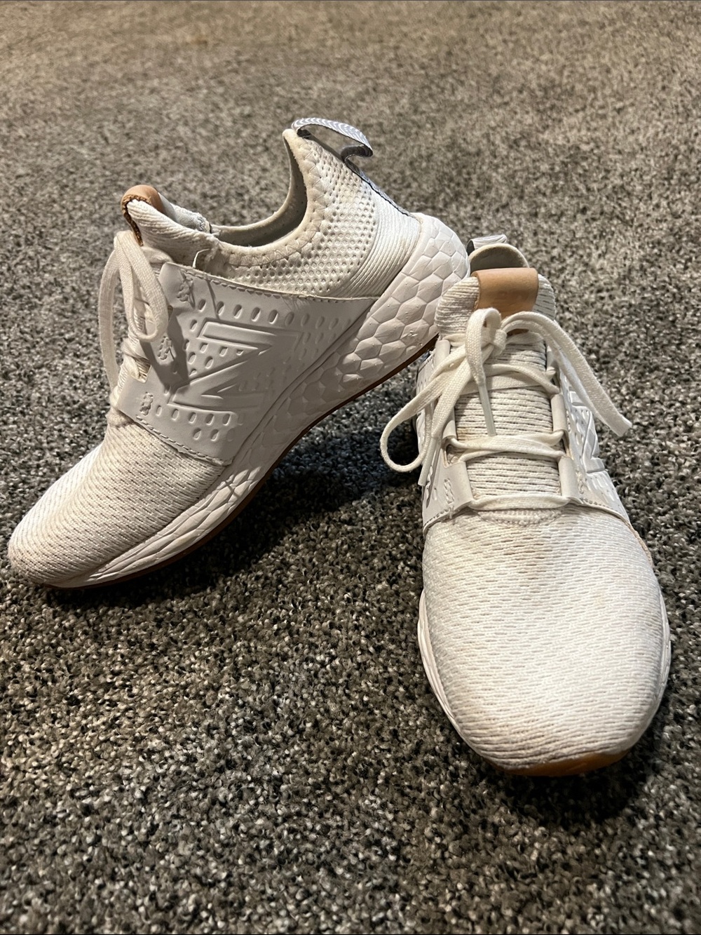 New Balance Cruzv1 Knit Lace-Up Sneakers - White with Tan Pull Tabs. 6.5 M